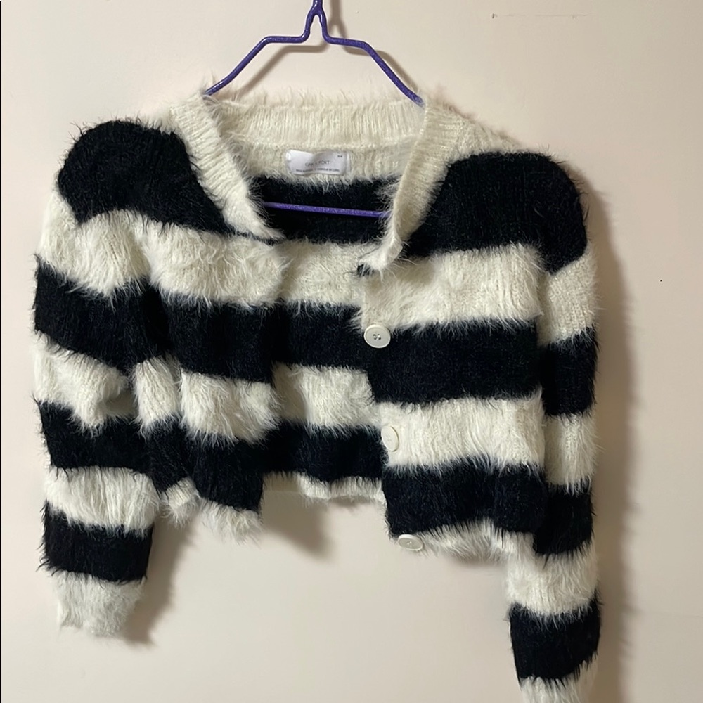 Black and White Striped Fuzzy Cardigan